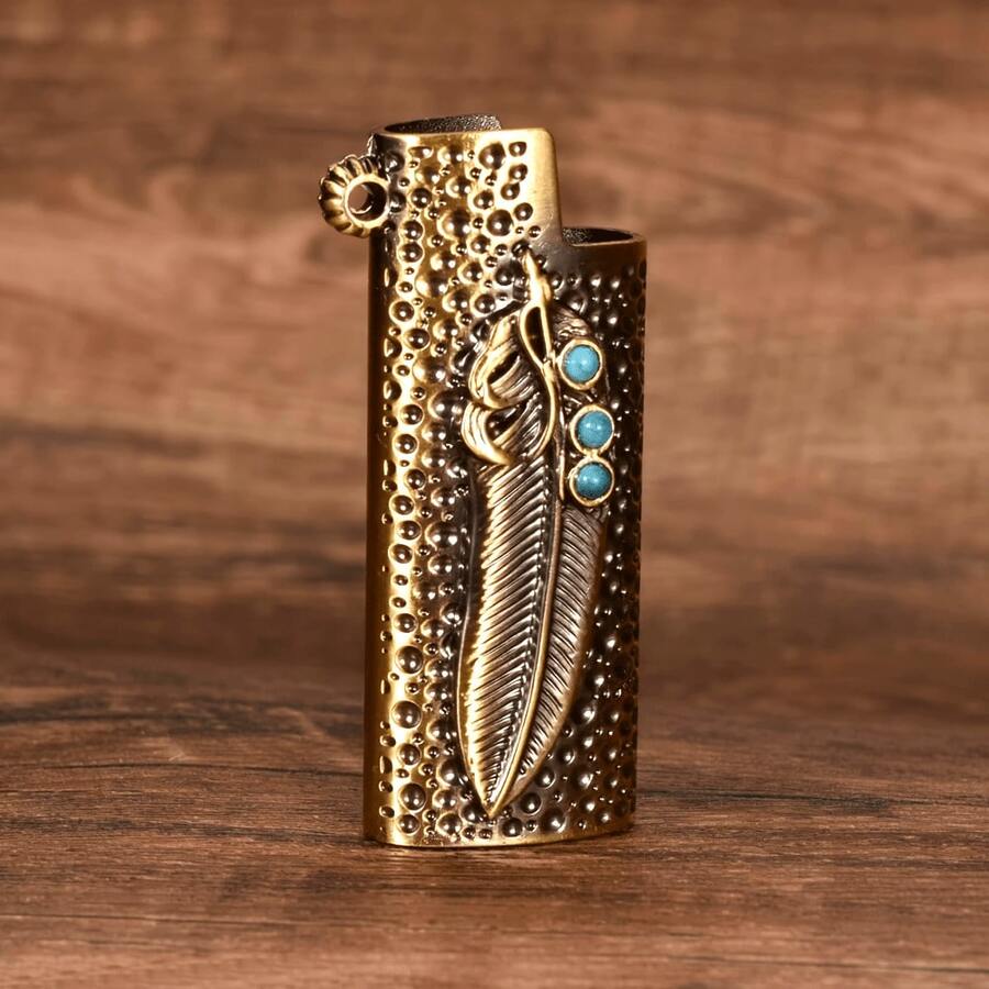 1pc Feather Design Mini BIC Lighter Case - Portable Protective Cover For J5 Lighters, Decorative Metal Holder, Perfect Gift For Christmas & Halloween - Multicolor - View 1