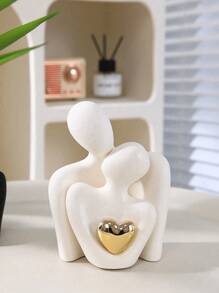 2pcs/1pc 3.35"X2.56" Heart-Shaped Golden Plated Abstract Artistic Ceramic Figurine, Embracing Couple Decoration For Wine Cabinet, Entrance Or Valentine's Day Festival Decoration, Home Decor