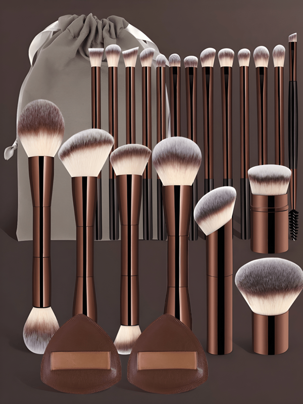 Juego de 23 piezas de herramientas de maquillaje que incluye 20 piezas de set de brochas de maquillaje profesionales de tubo de aluminio + 1 bolsa de almacenamiento + 2 piezas de esponjas de cojín de aire para uso diario y viaje, accesorios de maquillaje como regalo para amigos