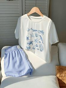 CONJUNTO SHORT AZUL RALLADO Y PLAYERA COSITAS DE MAR AZUL IDEAL PARA PLAYA O VERANO - Azul - Ver 6