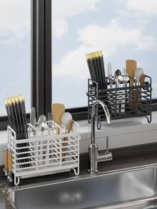 1pc 2/3 Grid Stainless Steel Chopstick Holder, Cutlery Drain Rack, Durable Cutlery Storage Rack, Home Storage Organizer For Home, Dormitory With Drain Tray, Kitchen Accessories - Multicolor - View 8