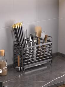 1pc 2/3 Grid Stainless Steel Chopstick Holder, Cutlery Drain Rack, Durable Cutlery Storage Rack, Home Storage Organizer For Home, Dormitory With Drain Tray, Kitchen Accessories - Multicolor - View 4