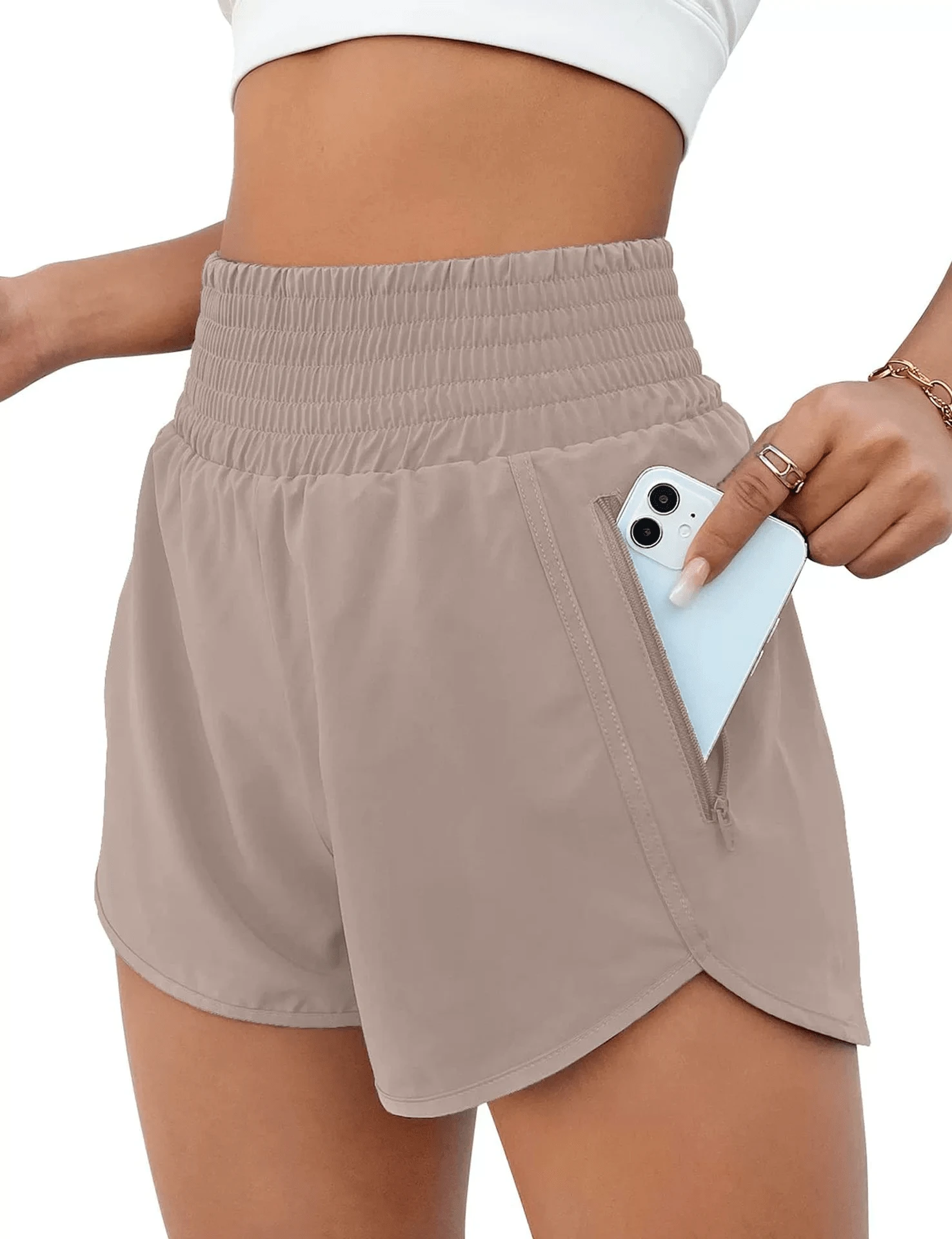 Women'S Athletic Running Shorts, Workout Gym, Elastic Waist Quick Dry Sports Shorts, High Waisted Yoga Workout Shorts With Mesh Liner Zipper Pockets - 卡其色 - 查看 1