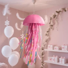 蓝/紫/粉水母纸灯笼，海底主题美人鱼派对悬挂装饰，海洋主题生日派对、教室、办公用品、节日派对、生日、婚礼装饰、圣诞节、派对装饰、生日装饰、节日装饰、餐厅装饰、多场景可折叠纸灯笼 - 粉色 - 查看 4