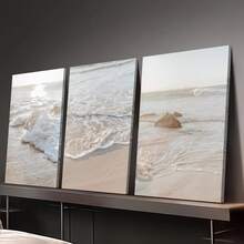 3 件套 波西米亚风情中性米色海滨沙滩海岸风景帆布墙面艺术印刷品、海洋海报、现代艺术、日落海滨印刷品、自然风景墙面装饰，是卧室、客厅、走廊、墙面艺术、夏季装饰、房间装饰的理想礼物，无框 - 米色 - 查看 5