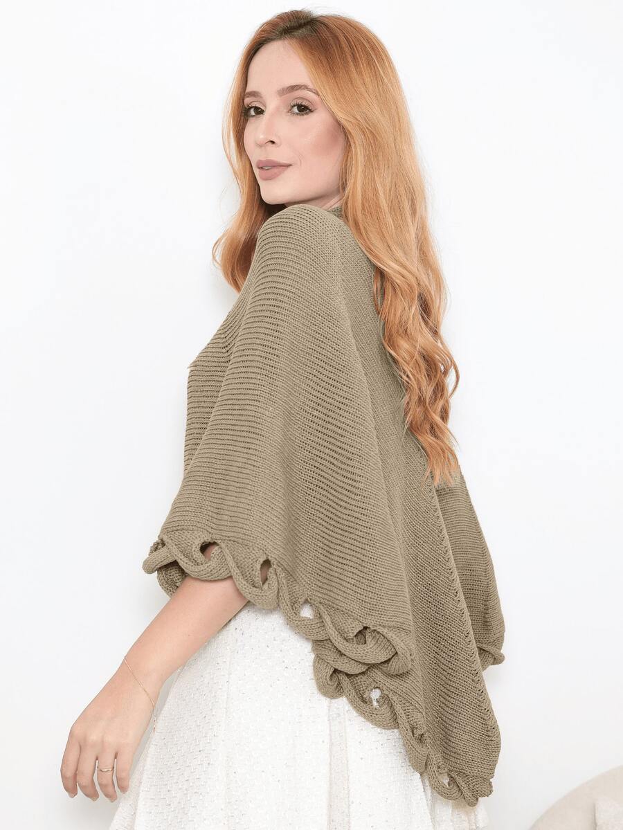Women's Poncho Coat Knit Cape Elegant Blouse Winter Cold Warm Marrie Knit - 摩卡棕 - 查看 1