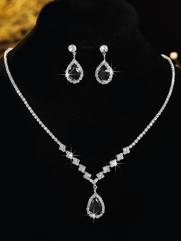 Set di gioielli da sposa composto da 3 pezzi: collana e orecchini neri eleganti e di lusso con cristalli, perfetti per occasioni formali come matrimoni, gala, feste, balli
