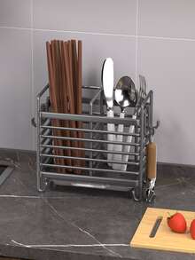 1pc 2/3 Grid Stainless Steel Chopstick Holder, Cutlery Drain Rack, Durable Cutlery Storage Rack, Home Storage Organizer For Home, Dormitory With Drain Tray, Kitchen Accessories - Multicolor - View 5