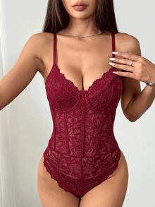 Romantic Lace Trim Bodysuit, Slim Fit Sexy Backless Corset Jumpsuit - Burgundy - View 6