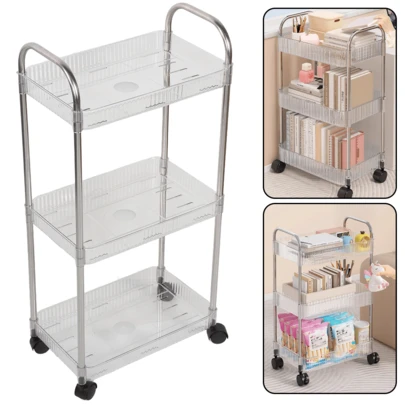 3 Tier Heavy Duty Rolling Storage Cart, Easy Assembly Acrylic Storage Carts With Lockable Wheels, Utility Cart Storage Organizer Serving For Office, Living Room, Kitchen, Bathroom