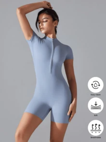 YESOBD Women's Short Sleeve Workout Jumpsuit With Front Zip, Bottom Shorts Design - Ultra-Stretchy, Moisture-Wicking Bodysuit For Yoga, Dance & Fitness - Bodycon & Sexy One Piece For A Flattering Look - Màu xanh lam - Xem 1