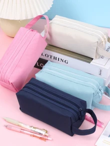 耐用的糖果色牛津布收纳袋 - 双隔层化妆刷和笔收纳袋 | 抗撕裂，便携，适合学校、工作室和旅行，简单而坚固的成人多功能文具收纳袋，多功能收纳袋，铅笔盒，化妆包，适用于学校、文具、节日礼物、学校礼物、返校
