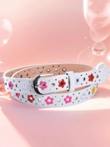 Flower Design Belt Buckle With Hollowed-Out Pattern For Girls And Boys, Suitable For Jeans And Casual Wear - White - View 3