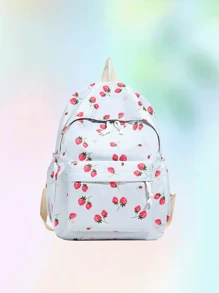 1pc, Versatile, Fashionable, High-Value, Niche Design, Casual, Cute, Sweet, Hand-Held Backpack, Fabric Letter Strawberry Print, Adjustable Shoulder Strap, Large Capacity, Multi-Pocket Backpack, Suitable For Women'S Daily Commuting And Going Out For Shopping And Play