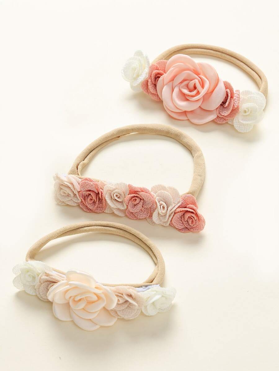 3pcs Artificial Rose Flower Elastic Nylon Headbands, Soft & Comfortable For Photo Taking Hair Accessories - Multicolor - View 1