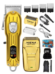 HIENA 4 件套理发套装，2 件金色专业无线理发机 - 网状剃须刀，360 度无死角鼻毛清洁器，带 LED 显示屏，USB 快速充电，多种配件，适用于沙龙、家庭和送礼 - 金色 - 查看 3