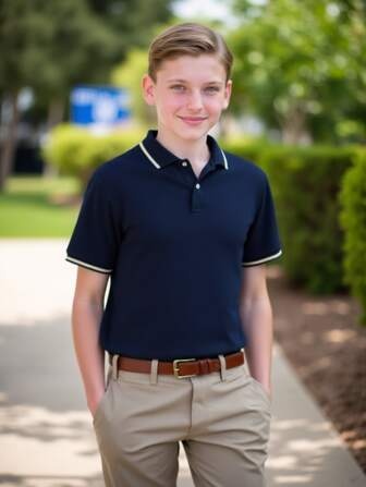 经典海军蓝条纹撞色领短袖 Polo 衫，适合青少年男孩，适合上学、聚会和日常穿着