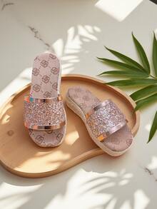 1 Pair Rope & Crystal Woven Slider Sandals For Kids, Summer Casual Indoor Outdoor Soft Bottom Non-Slip Beach Flip Flops - Beige - View 2