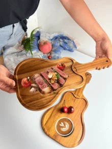 1/2 件吉他形托盘、奶酪板、储物托盘、木制品、不对称托盘、实木托盘、木制托盘、早餐托盘、托盘、食物派对装饰托盘、水果托盘、糖果托盘、寿司托盘、小吃托盘、装饰托盘、多用途实木托盘 - 棕色 - 查看 9