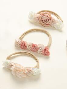 3pcs Artificial Rose Flower Elastic Nylon Headbands, Soft & Comfortable For Photo Taking Hair Accessories - Multicolor - View 3