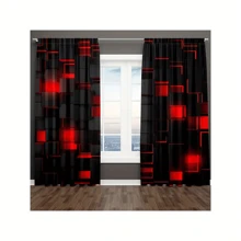 2pcs Semi-Blackout Curtains With Grommet Top - Modern Geometric Red & Black Print, 100% Polyester Peach Light Beige Fabric, Machine Washable For Bedroom, Living Room, Office, Kitchen - All-Season Home Decor, Living Room Curtains, Privacy Window, Contemporary Window Style, Soft Texture Fabric