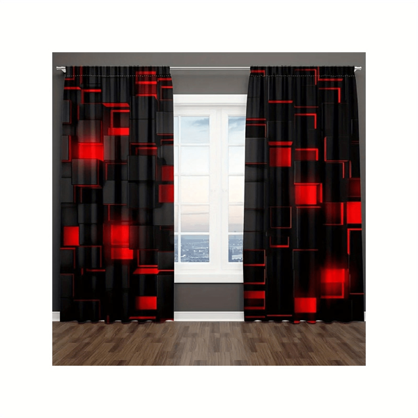 2pcs Semi-Blackout Curtains With Grommet Top - Modern Geometric Red & Black Print, 100% Polyester Peach Light Beige Fabric, Machine Washable For Bedroom, Living Room, Office, Kitchen - All-Season Home Decor, Living Room Curtains, Privacy Window, Contemporary Window Style, Soft Texture Fabric