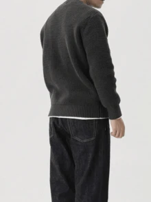 男式圆领7针提花针织长袖休闲毛衣 - 深灰色 - 查看 4