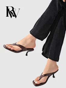 High Heel Flip Flops, New 2025 European And American Style Square Toe Thong Sandals, Thin Heels