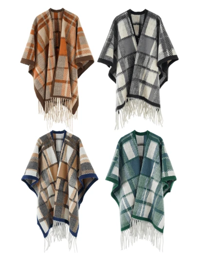 1 件男女通用法式格子流苏披肩围巾，适合作为秋冬外套斗篷