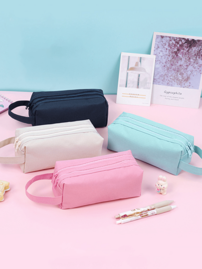 耐用的糖果色牛津布收纳袋 - 双隔层化妆刷和笔收纳袋 | 抗撕裂，便携，适合学校、工作室和旅行，简单而坚固的成人多功能文具收纳袋，多功能收纳袋，铅笔盒，化妆包，适用于学校、文具、节日礼物、学校礼物、返校