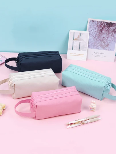 耐用的糖果色牛津布收纳袋 - 双隔层化妆刷和笔收纳袋 | 抗撕裂，便携，适合学校、工作室和旅行，简单而坚固的成人多功能文具收纳袋，多功能收纳袋，铅笔盒，化妆包，适用于学校、文具、节日礼物、学校礼物、返校