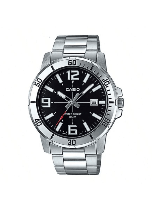 Casio ساعة كاسيو MTP-VD01D-1B ساعة رجالية أنالوج بمينا وسوار من الفولاذ المقاوم للصدأ بتصميم رياضي، انيقة للزي اليومي، هدية للرجال