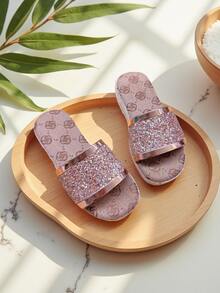 1 Pair Rope & Crystal Woven Slider Sandals For Kids, Summer Casual Indoor Outdoor Soft Bottom Non-Slip Beach Flip Flops - Beige - View 4