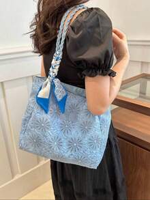 1 件女士时尚通勤大容量印花托特包、单肩包、四季皆宜 - 藍色 - 查看 2