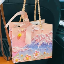 2 pezzi/4 pezzi Borse regalo in carta con pittura ad olio 3D e nastro, borse regalo portatili in carta con corda, stile crema con montagna e petali, borse regalo per compleanni, matrimoni e feste, in varie misure.