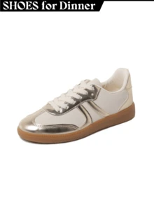 Women's Red Black Leopard Beige Gold Retro German Trainers – Lace-Up Low-Top Casual Sneakers [Size Up Half Size] - 金色 - 查看 1