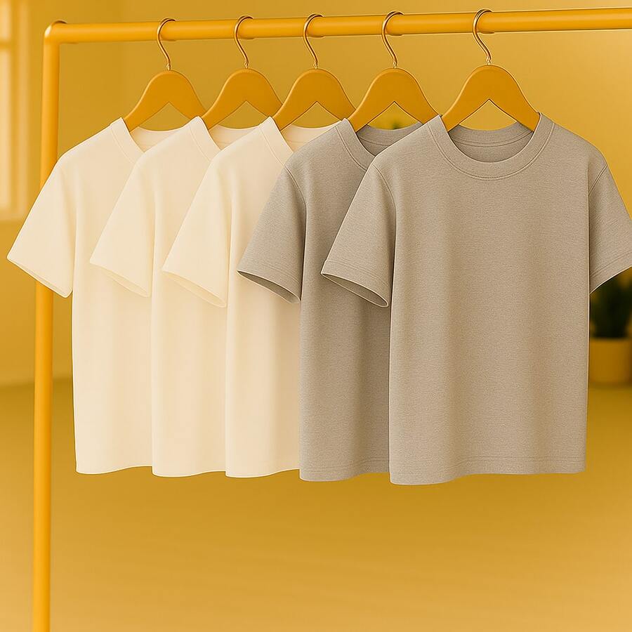 KIT 5 Basic Plain T-Shirts 100% Cotton 30.1 Unisex - 白色+白色+白色+灰色+灰色 - 查看 1