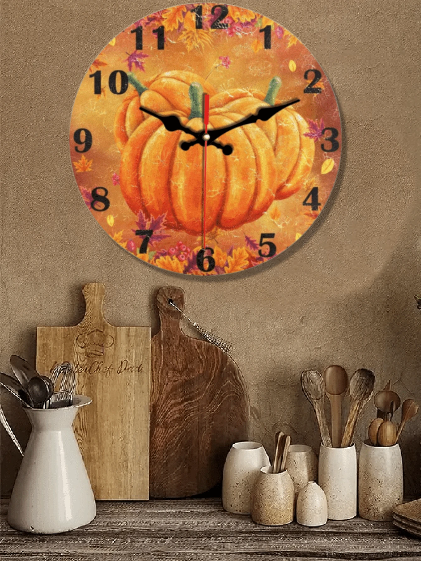 1 件 10 英寸/12 英寸秋季枫叶南瓜图案挂钟，静音无滴答声电池供电，复古挂钟，石英模拟静音卧室客厅圣诞装饰