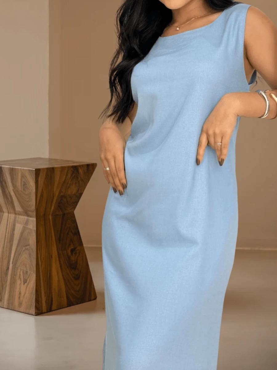Vestido Feminino Midi Bolsos Liso Alça Larga Elegante - Azul Empoeirado - Visão 1