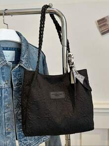 1 件女士时尚通勤大容量印花托特单肩包，适合所有季节 - 黑色 - 查看 8