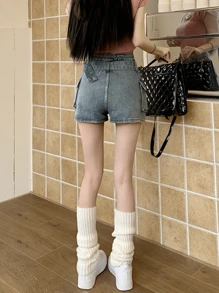 High Waist Solid Color Washed Casual Straight Leg Women Denim Shorts (With Belt)