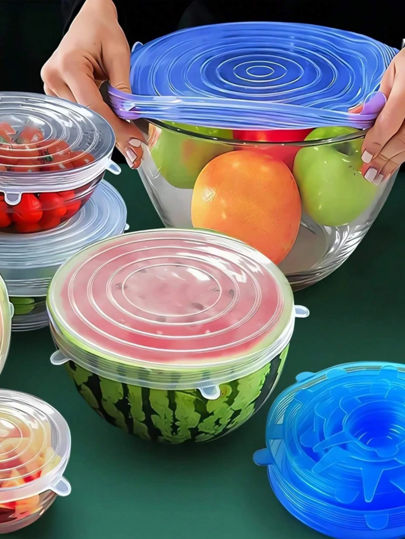 6pcs Silicone Stretch Lid, Food Bowl Cover, Reusable Food Saving Cover, Stretchable Multifunctional Fruit And Vegetable Fresh-Keeping Cover (Due To Different Batches,The Number, Size, And Shape Of Handles May Vary. We Apologize For Any Inconvenience Caused.)