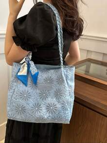 1 件女士时尚通勤大容量印花托特包、单肩包、四季皆宜 - 藍色 - 查看 3