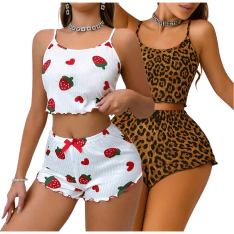 Kit 2 Baby Dolls For Women Leopard Print And Strawberry – Short Doll Sexy Summer Blogger Comfortable Pajamas - 黑與白 - 查看 1