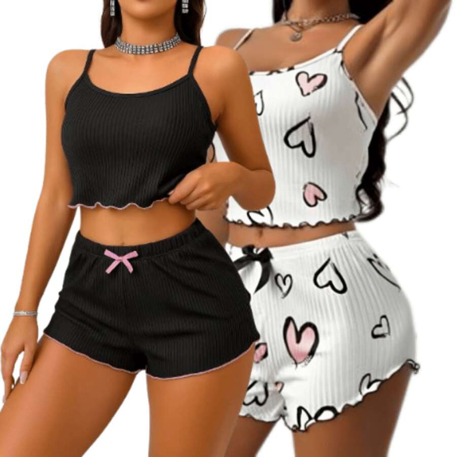 Kit 2 Baby Dolls Female Plain Black And Heart – Comfortable Doll Shorts Sexy Pajamas Summer Blogger - Đen và trắng - Xem 1