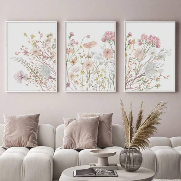 3 Pieces Wildflowers Canvas Print Pink Floral Canvas Painting Nordic Botanical Art Poster Minimalist Plant Wall Picture Girls Bedroom Wall Decor Living Room Office Apartment Wall Decor No Frame