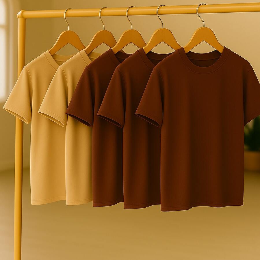 KIT 5 Basic Plain T-Shirts 100% Cotton 30.1 Unisex - Beige + Beige + Coklat + Coklat + Coklat - View 1
