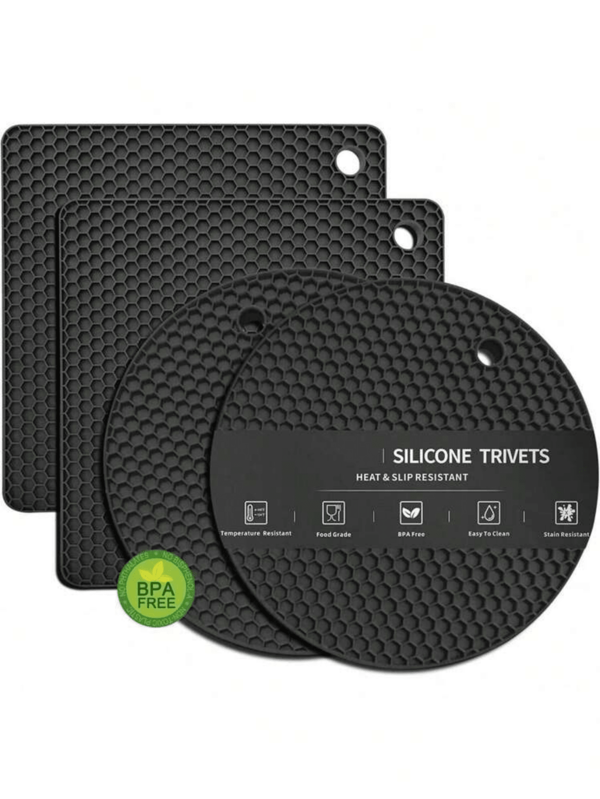 4 Pieces Silicone Trivet Set - Heat Resistant Non-Slip Pot Holders, Kitchen Hot Pads, Durable Hand Wash Silicone Mats, Multi-Purpose Bottle Opener And Coasters