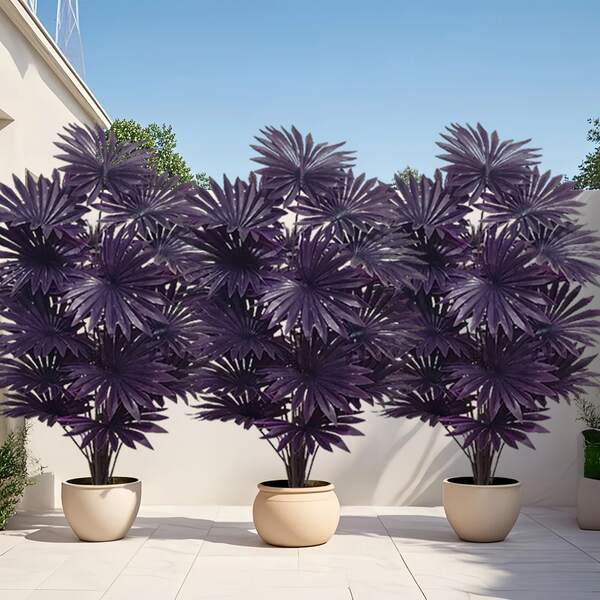 3 Sets Outdoor Artificial Lifelike Green Plants With Beautiful Purple Leaves, Durable Decor Trees Suitable For Garden, Porch, Home Indoor Patio Balcony Yard Decoration, Ideal For Thanksgiving, Independence Day, Father's Day And Other Major Holidays, All Seasons, UV-Resistant, Maintenance-Free, No Battery Required, Exclude Flower Pot
