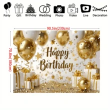 1 件金色“生日快乐”摄影背景布，涤纶材质，金色气球和星星，礼品背景设计。适用于拍照亭、派对、生日、庆典以及室内外家庭生日派对的装饰，无需电力。 - 彩色 - 查看 4